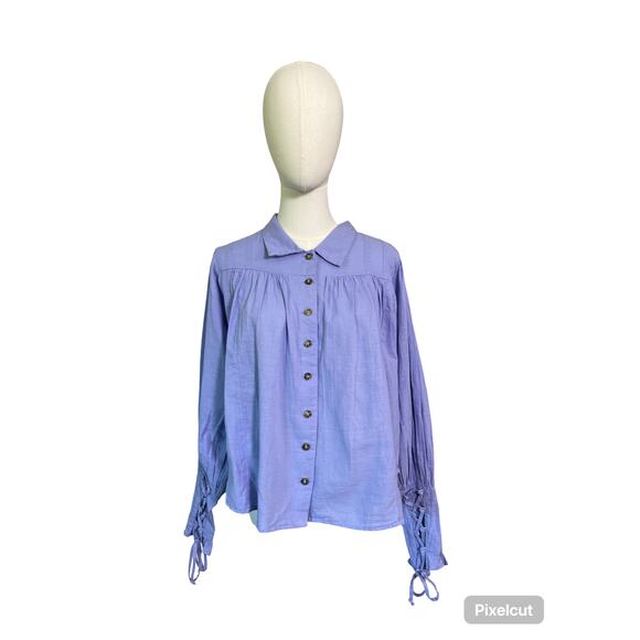Free People Kiss Kiss Blouse Lilac Blue S | Button Front Lace-Up Cuff Boho Top - Picture 2 of 11